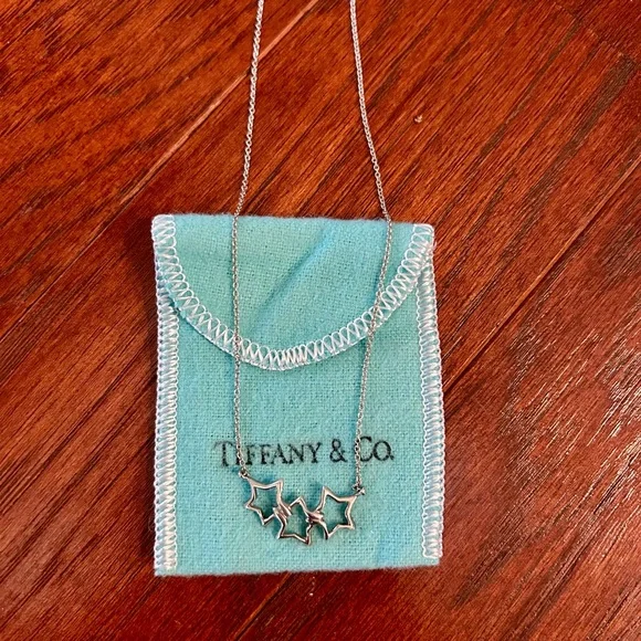 Auth Tiffany & Co. 925 Sterling Silver Triple Open Star Pendant Necklace 16" - Picture 1 of 11